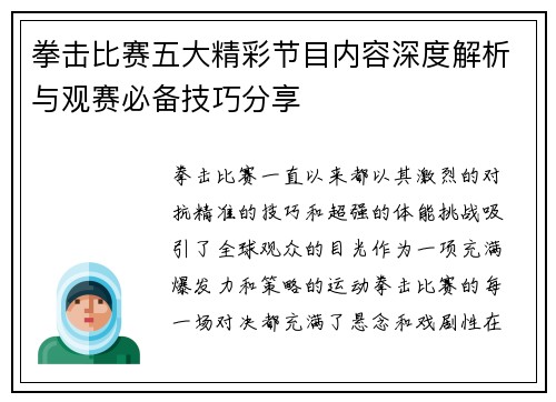 拳击比赛五大精彩节目内容深度解析与观赛必备技巧分享