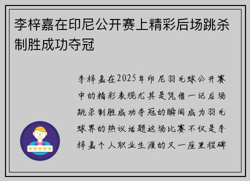 李梓嘉在印尼公开赛上精彩后场跳杀制胜成功夺冠