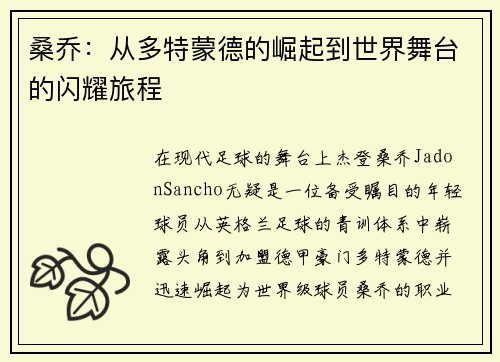 桑乔：从多特蒙德的崛起到世界舞台的闪耀旅程