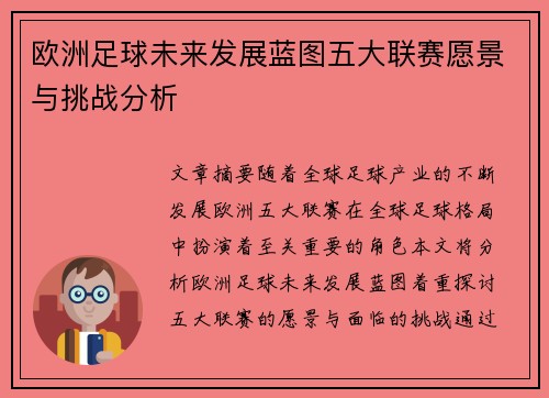欧洲足球未来发展蓝图五大联赛愿景与挑战分析